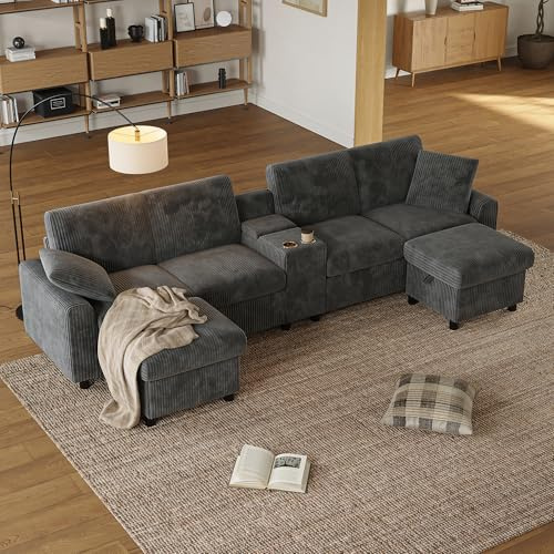 LAKFEW Sofa de 4 Plazas en U con USB C y 2 Reposapiés de Almacenaje, Sofas de Salon 4 Plazas con 2 Portavasos y 2 Cojines, Sofa Modular Rinconera, Couch, Pana, 315x135x81 cm, Gris