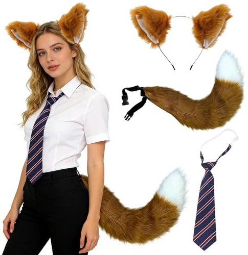ZXTGBQ 3 Pcs Fuchs KostüM ZubehöR Set, Fuchsschwanz, Fuchsohren Stirnband, Fuchskrawatte, FaschingskostüM FüR Kinder Und Erwachsene, FüR Cosplay Geburtstagsfeier Karneval Weihnachten Party Supplies