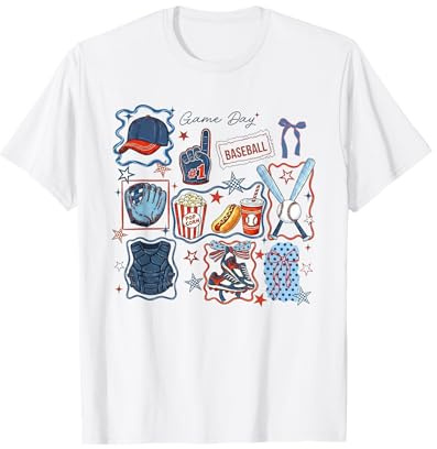 Coquette Cute Game Day Baseball, Helmet Bat Glove Icons T-Shirt