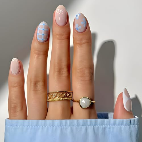 AuraFusion Press On Nails Nägel Zum Aufkleben Press On Nails Kurz 24 Stück Für Frauen Mädchen Teenager Für Büro Alltag Hochzeit Date Party Blau Weiß Almond Mit Schleife Blumen