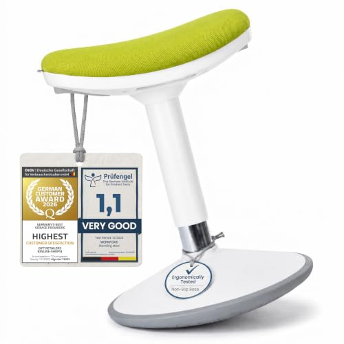 Werkfox® Ergonomisk Ståpall höjdjusterbar – Gungpall med Svängeffekt | Halkfri bas, sadelformad sits – 3 storlekar för skrivbord och ståbord – storlek M, grön