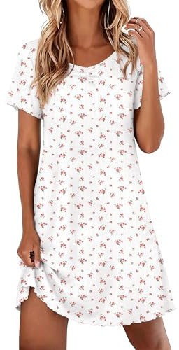 Ekouaer Women Nightshirt Short Sleeve Nightdress V-neck White Roses M