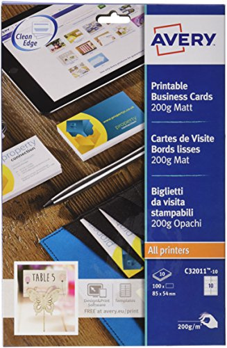 Avery C32011-10 Printable Business Cards – 85 x 54 mm, 100 White Cards per Pack, Compatible with Laser, Inkjet & Multifunction Printers
