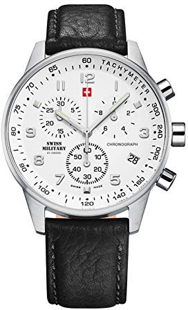 Swiss Military by Chrono Herren Uhr Chronograph Quarzuhrwerk mit Lederarmband Analoge Herrenuhr Armbanduhr Silber SM34012.06