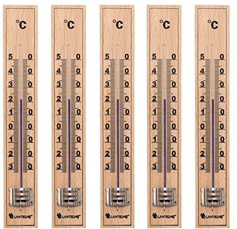 Lantelme 5 Stück Holz Außenthermometer Set 17cm Temperatur -30 bis +50°C Analog | Deutsche Herstellung | Thermometer für Innen Zimmer Außen Garten aus Buchenholz | Gartenthermometer (5)