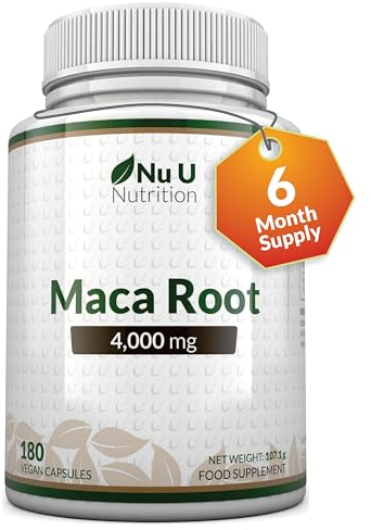 Maca Root Capsules 4000mg - 180 Vegan Capsules - 6 Month Supply - High Strength Peruvian Maca Root for Men & Women - Made in The UK - Nu U Nutrition