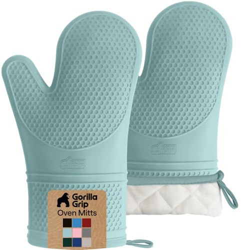 GORILLA GRIP Silicone Oven Mitts, 550F Heat Resistant, 12.5x8.3, Mint | BPA-Free Cooking Waterproof Safety Gloves, Thick Cotton Lining, Flexible Gripping for Baking, Grilling, Kitchen Potholder Set