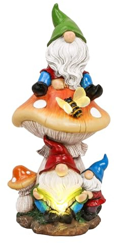 TERESA'S COLLECTIONS Garden Gnomes Statues Decorations for Yard with Solar Lights, Resin Gnome on Mushroom Reading Garden Decor Outdoor for Patio Lawn Ornaments,Ideal Gifts for Dad and Mom, 12.6