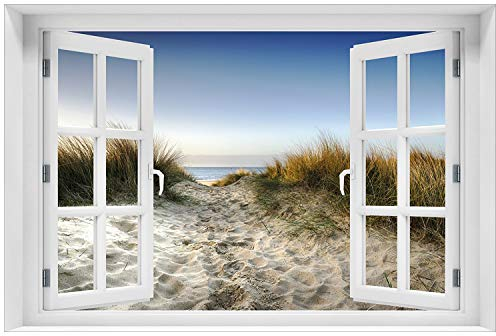 Wallario Glasbild 60 x 90 cm mit Fensterrahmen mit Fenster-Illusion: Weg durch die Dünen zum Strand am Meer - Wandbild mit freischwebender Optik
