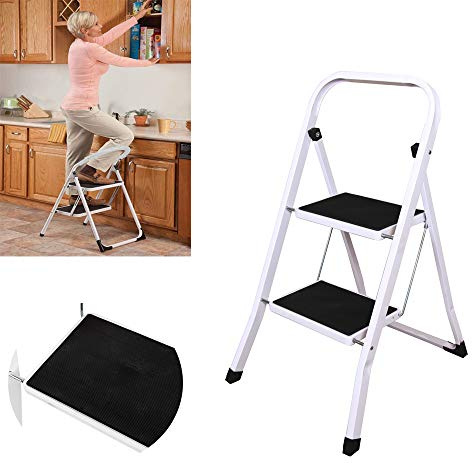Folding 2 Step Ladder with Anti-Slip Tread Mats, Heavy Duty Steel, 150KG Capacity, Safety & Sturdy Portable Steps, for Home, Kitchen, Garage