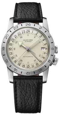 Glycine Herren Fliegeruhr Airman No.1 GMT Automatik Armband Leder Schwarz 36mm Edelstahl Saphirglas 300m Wasserfest Dornschließe Analog Minimalist