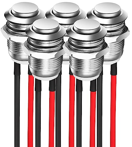 GUUZI 12 mm Interruttore a Pulsante a Scatto Precablato 2A 12V/24V/125V/250V AC, Interruttore a Pulsante Impermeabile Autobloccante 5 Pezzi (Alta Testa)
