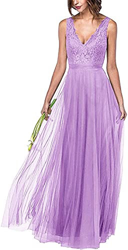 KURFACE Vestido de dama de honor con cuello en V de encaje para mujer, vestido de fiesta de boda sin mangas, largo y formal, Lila, 40