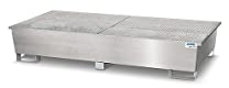 Denios Auffangwanne aus Edelstahl | verzinkter Gitterrost | silber | BxHxT 1300 x 485 x 2680 mm | Volumen 1000 Liter | 2 Fässer | Arbeitssicherheit Notfall-Umweltschutz-Produkte