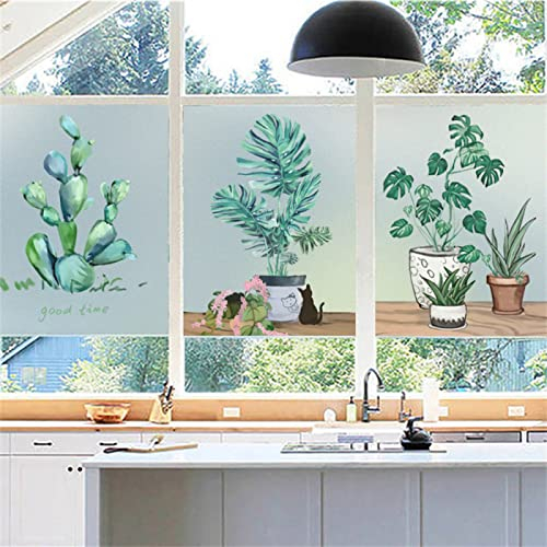 Fensterfolie Selbsthaftend Sichtschutz Glasfolie Wärmeisolierung Sonnenschutzfolie, Anti-UV Statische Fensterfolien für Zuhause und Büro Grüne Pflanzen 45x200 cm