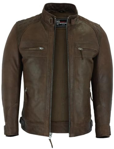 Vance Leather' Men's Cafe Racer Waxed Lambskin Chocolate Brown Motorcycle Leather Jacket (L, Chocolate Brown)
