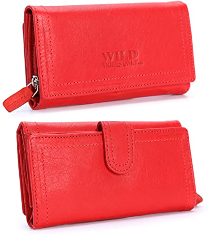 irisaa Damen Leder Wild Geldbörse, Portemonnaie Lang Geldbeutel,RFID Schutz 21 Kartenfächer, Brieftasche Groß, Vintage Design Used Look, Damen Tasche:weich Rot