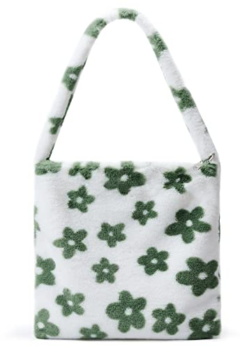 KALIDI Plüsch Handtasche mit Reißverschluss Niedlich Flauschige Crossbody Bag Damen Schultertasche für Uni Mädchen, Grüne Blumen