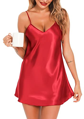 Lovasy Satin Nightdress for Women Sexy Negligees Strap Chemise Silk Nighties for Women V-Neck Ladies Nightdress Full Slips Nightwear Nightgown UK Size 6-22,Red,M