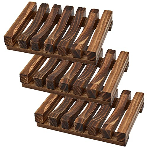 3 Pcs Natural Wooden Soap Dish Holder for Shower, Self Draining Soap Tray for Bathroom, Extend Soaps Life and Keep Dry