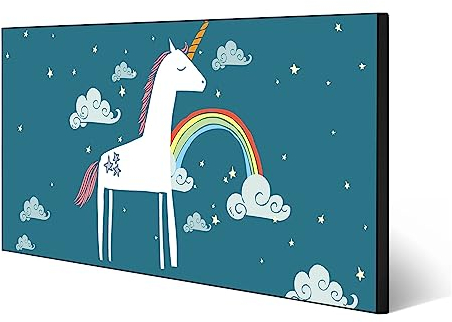 banjado Magnettafel schwarz 78 x 37cm / Magnetwand Metall/Magnetpinnwand als Memoboard/Pinnwand Magnettafel Küche, Büro, Kinderzimmer inkl. 4 Magnete & Montageset - Motiv Einhorn