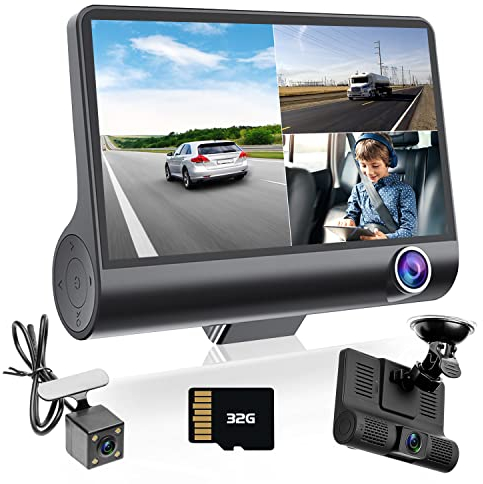 Hikity Camera Dash Voiture 3 Caméra de Voiture Angle de Vision de 170 °, G-capteur 4'' à Trois Voies Caméra de Tableau de Bord pour Voiture avec Double Objectif Arrière Car DVR+ 32GB TF