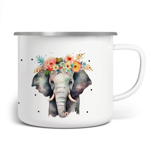 miKalino Emaille Tasse Mädchen - Trinkbecher Kinder personalisiert - Emaille Becher mit Elefant-Motiv - Kindertasse mit Namen - Kindertasse bedruckt - Emaille Becher Weiß, Farbe:OHNE_NAMEN