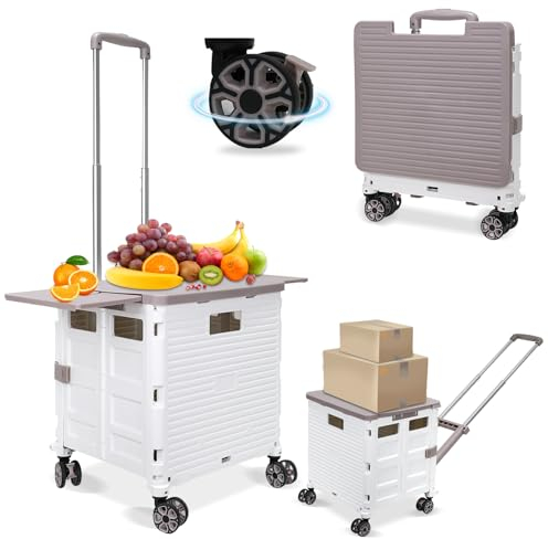 SELORSS BY10WX Vikbar shoppingvagn på 4 hjul, 55 l/80 kg stor kapacitet, uppgradering platt dragstil hopfällbar mobilitetslåda rullvagn med utökat lock, livsmedelsdocka för camping/lärare, vit