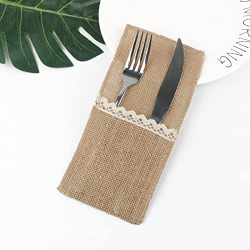 PTNKUIIY 12 Stück Jute Bestecktaschen Vintage mit Spitze, 11*21cm, Naturgelb, Hochzeitsdeko, Party, Geburtstag, Kommunion, Ostern, Weihnachten