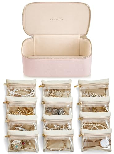 Vlando Portagioie da viaggio, moderno con 12 sacchetti per gioielli, da viaggio, in pelle, sacchetto di velluto trasparente, per donne, ragazze, regalo, rosa