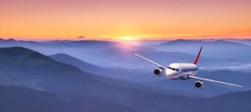 adrium Acryl-Bild 70 x 30 cm: Das Flugzeug fliegt bei Sonnenuntergang am farbenprächtigen Himmel. Passagierflugzeug (210385340)