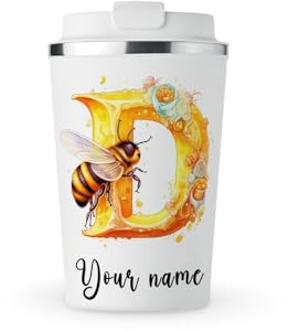 MAXIKIWI - Personalised Insulated Double Walled, Leakproof Stainless Steel Mug, Coffee or Tea Travel Tumbler with Lid, Keep Drinks Hot and Cold - Bee - 350ml