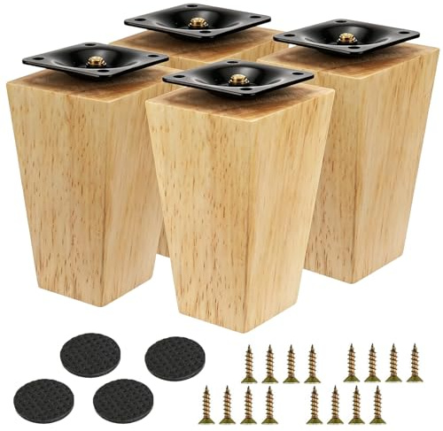 Fomiata 4 Stück Möbelfüße Holz Möbelbeine 10cm, Massivholz Beine Aus Eiche mit Montageplatten, Schrauben und Filzgleiter,für Sofa Bett Schrank Couch Stuhl (Original Holzfarbe)