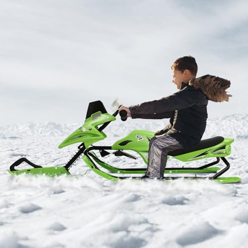 BRRIDE124x51x43.5cm Lenkschlitten, Schneeschlitten mit Fußbremsen, verstellbares Kissen, Kinderschlitten, klassischer grüner lenkbarer Schlitten