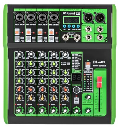 6 Kanal Audio Mixer Aufnahme Mischpult Bluetooth USB Mischer Equalizer MP3 Eingang 48V Professionelle Phantomspeisung Mikrofon-Preamps für DJ Mixer Konsole Aufnahmestudio
