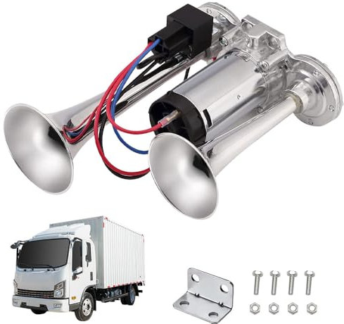 Gobesty Air Horn 12V, 600DB Super Loud Car Horn, Double Tube Train Horn with Compressor, Airhorn for Truck, Train, Car, Van (Silver)