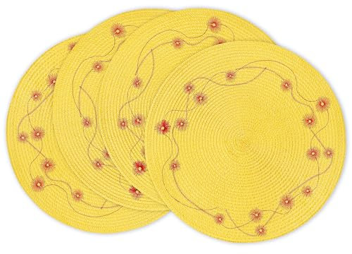 fanquare Gelbe Geflochtene Tischsets 4er Set Runde Gewebte Platzsets 38cm Rustikale Florale Tischsets Hitzebeständige rutschfeste Platzdeckchen für Urlaub Küche Heimdeko