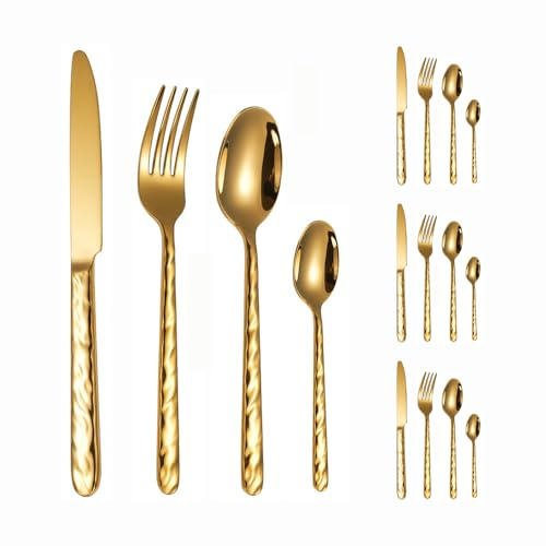 Tjockt Handtag Kök Rostfritt Stål Silverware Servis Bestick Bestick Set Stekkniv Gaffelsked Tesked (Guld,16 stycken)