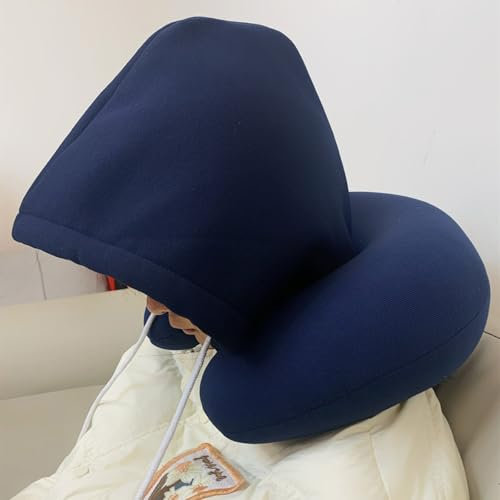 WJUHYGTF Almohada para El Cuello De Viaje con Capucha, Soporte Coche Elementos Esenciales Dormir Gadgets En Avión Memory,Azul