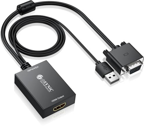 eSynic Convertitore VGA a HDMI con USB Audio Supporta 1080P, Adattatore Analogico a Digitale con Cavo VGA 30cm e Cavo USB 1M a HDMI Video Audio 2CH, Connettore Placcato Oro per PC HDTV Proiettore