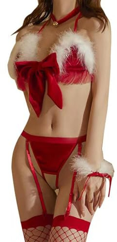 Gyaimxfu Ensemble de lingerie de Noël pour femme - Lingerie du Père Noël - Vêtement de nuit - Costume de Noël - Lingerie de charme pour femme - Rouge - Sous-vêtements cosplay - Hiver - Bikini