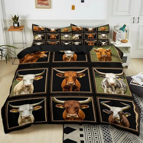 Generisch Bettwäsche 200x200 cm Ölgemälde Longhorn-Stier 3teilig Bettbezüge Set Wende Bettwäsche aus Polyester Baumwolle mit Reißverschluss, Bettwäsche-Sets Weich und Bügelfrei