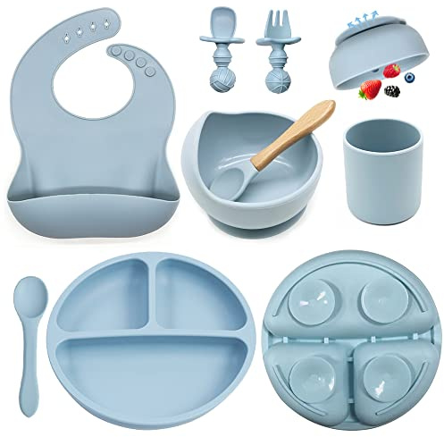 Baby Feeding Set, 8 Pack Baby Led Weaning Supplies, Suction Bowl Divided Plate, Toddler Self Feeding Dish Set with Spoons Forks Sippy Cup Adjustable Bib, Eating Utensils for 6+ Months (Blue)