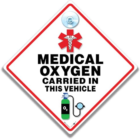 Medical Oxygen Vehicle Warning Sign, 14 cm x 14 cm, Suction Cup Mount, Diamond-Shaped Safety Display