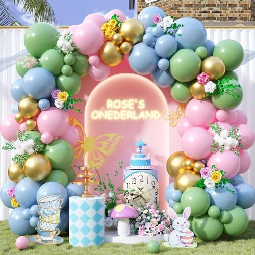 Kit de guirlande d'arche de ballons roses et verts, ballons vert sauge et rose pastel, ballons dorés métallisés, ballons de la forêt pour filles, fête prénatale, décoration de fête d'anniversaire