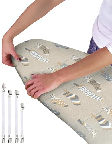 Bügelbrettbezug – universelle Passform – 120 x 40 cm + 4 Stück Bügelbrett-Befestigungsclips (beige Socken)