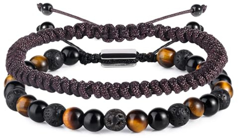 RIXERKOC 2 Pezzi Bracciali di Perline per Uomo 6mm Ossidiana Occhio di Tigre Lava Bracciali Set Regolabile Fatto a mano Bracciale di Pietra Naturale Regalo di Compleanno Festa del Papà (Marrone)