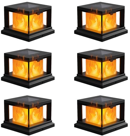 Brightever 4x4 Post Solar Lights with Flickering Flame, Solar Flame Post Cap Lights Outdoor for 3.5x3.5 4x4 Wooden/Vinyl Post, Black Fence Post Solar Lights for Garden Patio Porch, 8-Pack