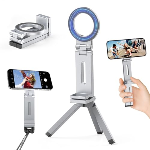 Trépied magnétique pour iPhone 17 Air 16 Pro Max Plus 16e 15 14 13 12 - Support magnétique en aluminium pliable pour téléphone portable Magsafe Tripod Mini Perche à selfie et vis 1/4