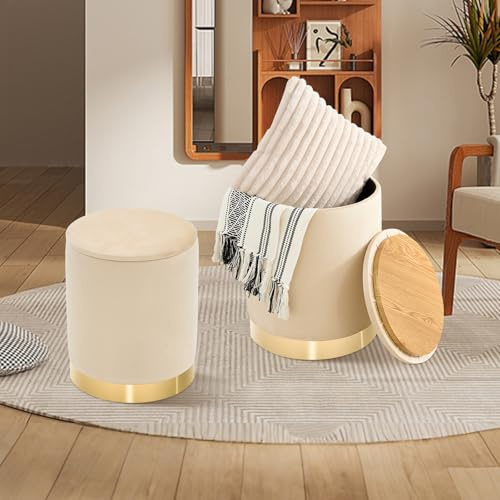 SJGUOJI Round Ottoman with Storage Set of 2, Upholstered Velvet Storage Ottomans, Vanity Stool, Multifunctional Ottomans, Coffee Table Foot Rest Ottoman for Living Room Bedroom, Khaki